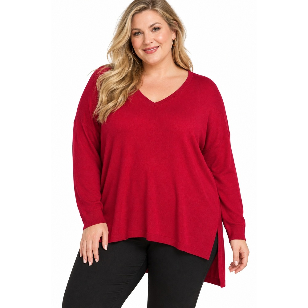 Lane Bryant Merino Wool Blend Sweater 22/24 Red V Neck High Low Hem Relaxed